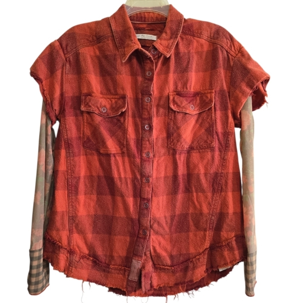 Free People Flower Fields Twofer Flannel Top Sheer Floral Sleeves Small Orange - Picture 5 of 11